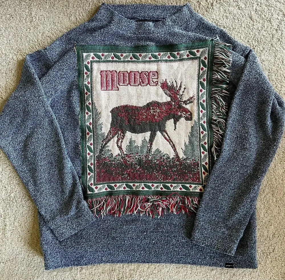 Moose tapestry crewneck sweatshirt, fringed, reworked, upcycled  sz Xl